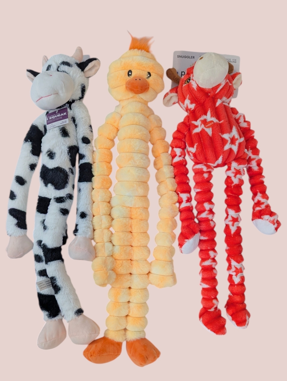 (3) Dog Toy Lot Stuffed Plush Chick Cow Farm Snuggler Squeaker NEW Multipet